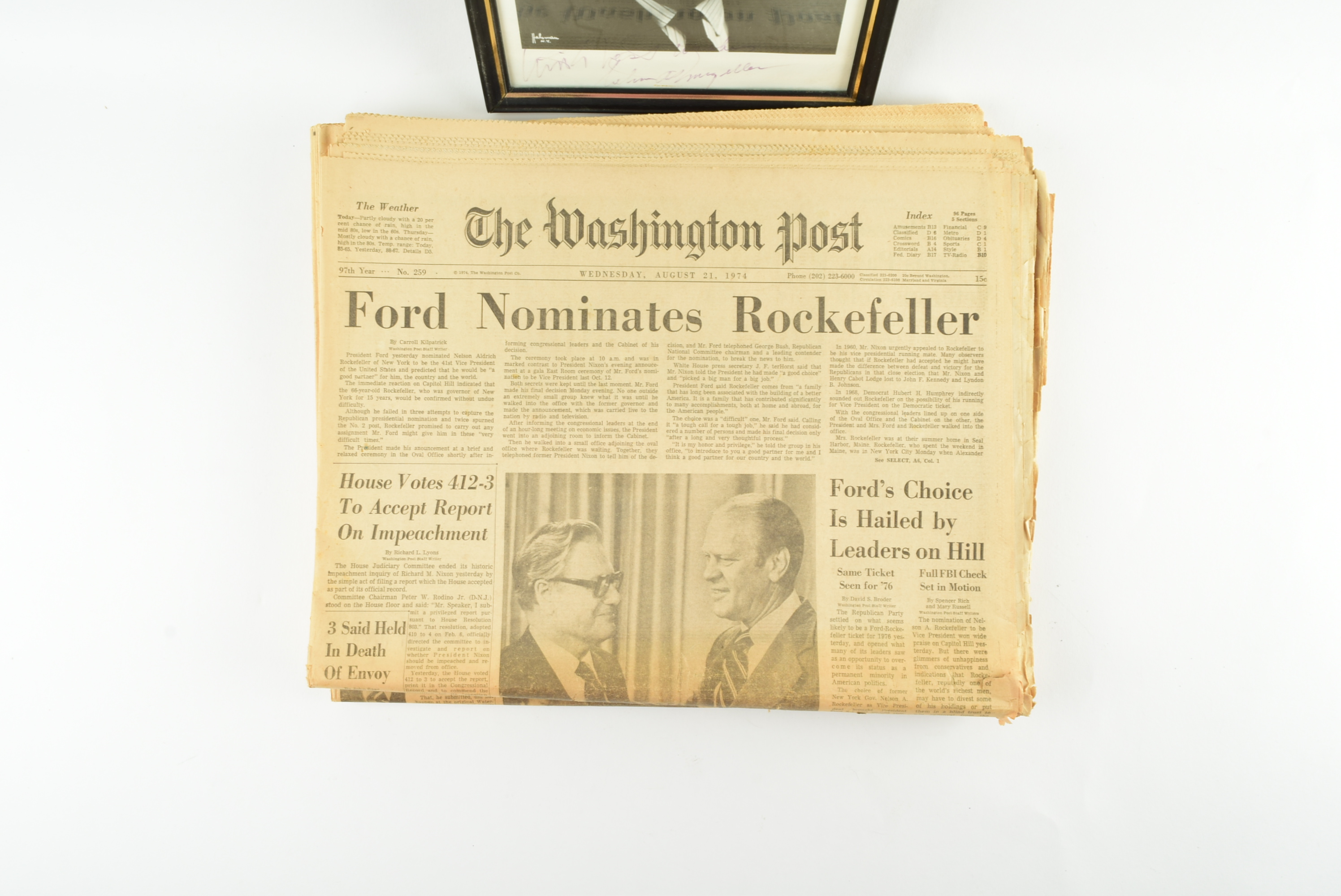 Nelson Rockefeller Signed 1968 Photo and Official Party Press Tag and Political Ephermena