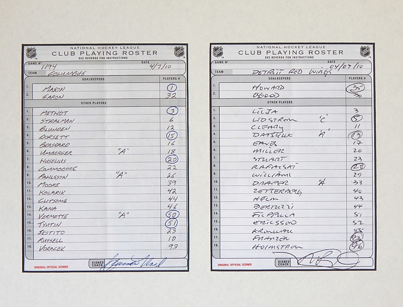 NHL 2009-2010 Signed Roster Sheet