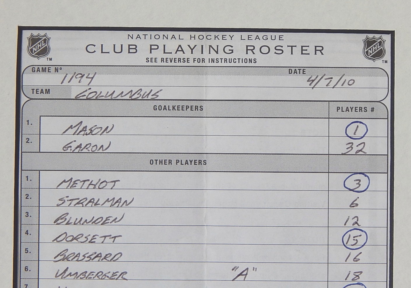 NHL 2009-2010 Signed Roster Sheet