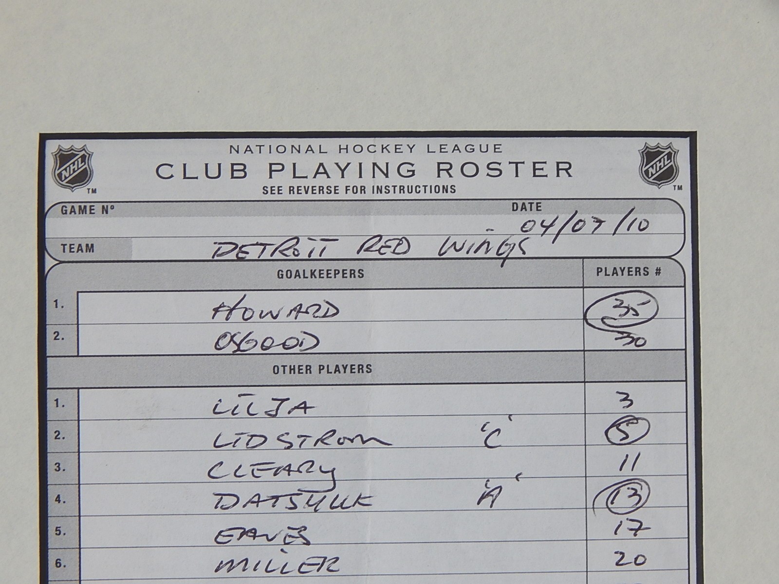 NHL 2009-2010 Signed Roster Sheet
