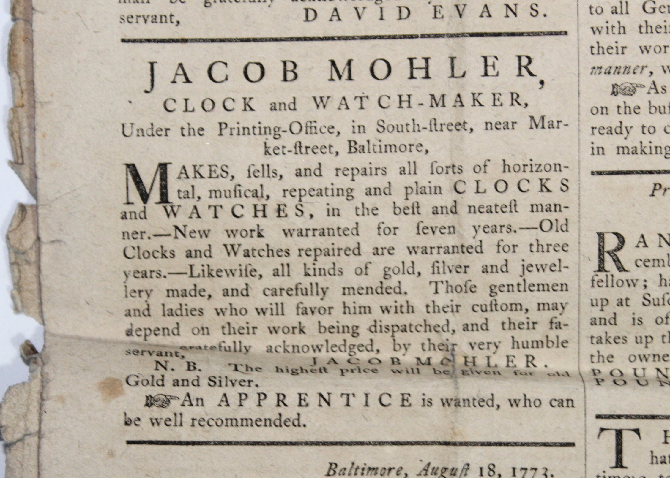 Maryland and Baltimore Journal Newspaper From 1773