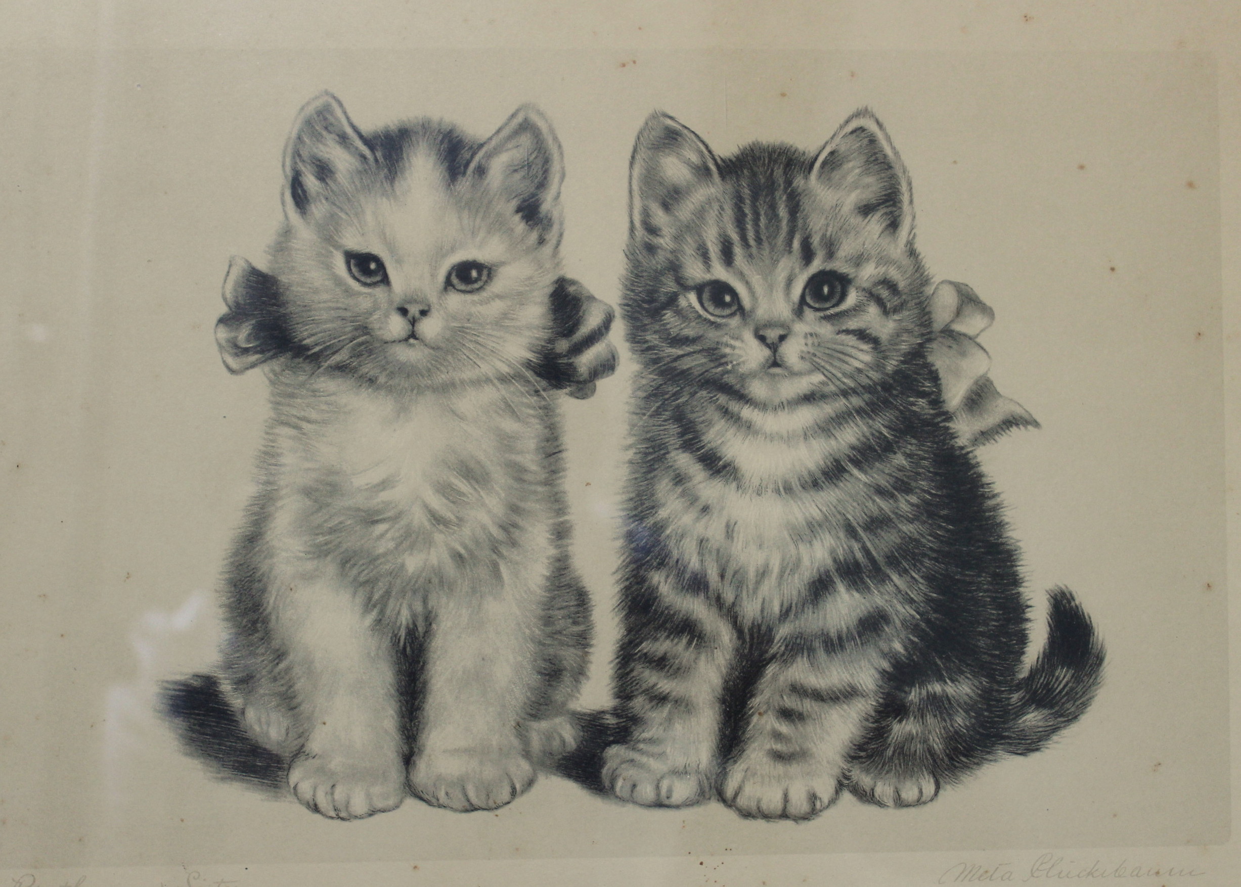 Vintage Etching of Kittens and Two Ceramic Cat Figurines