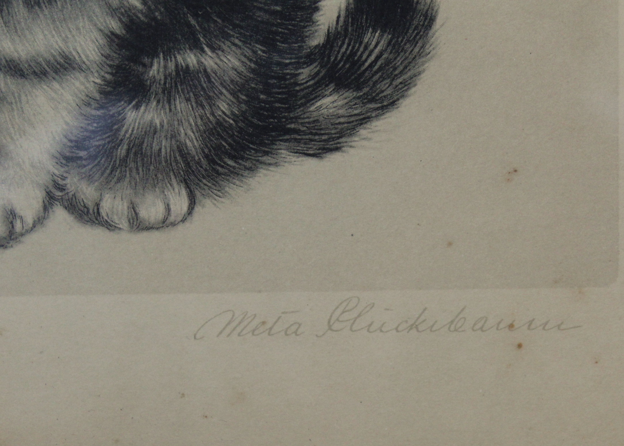 Vintage Etching of Kittens and Two Ceramic Cat Figurines