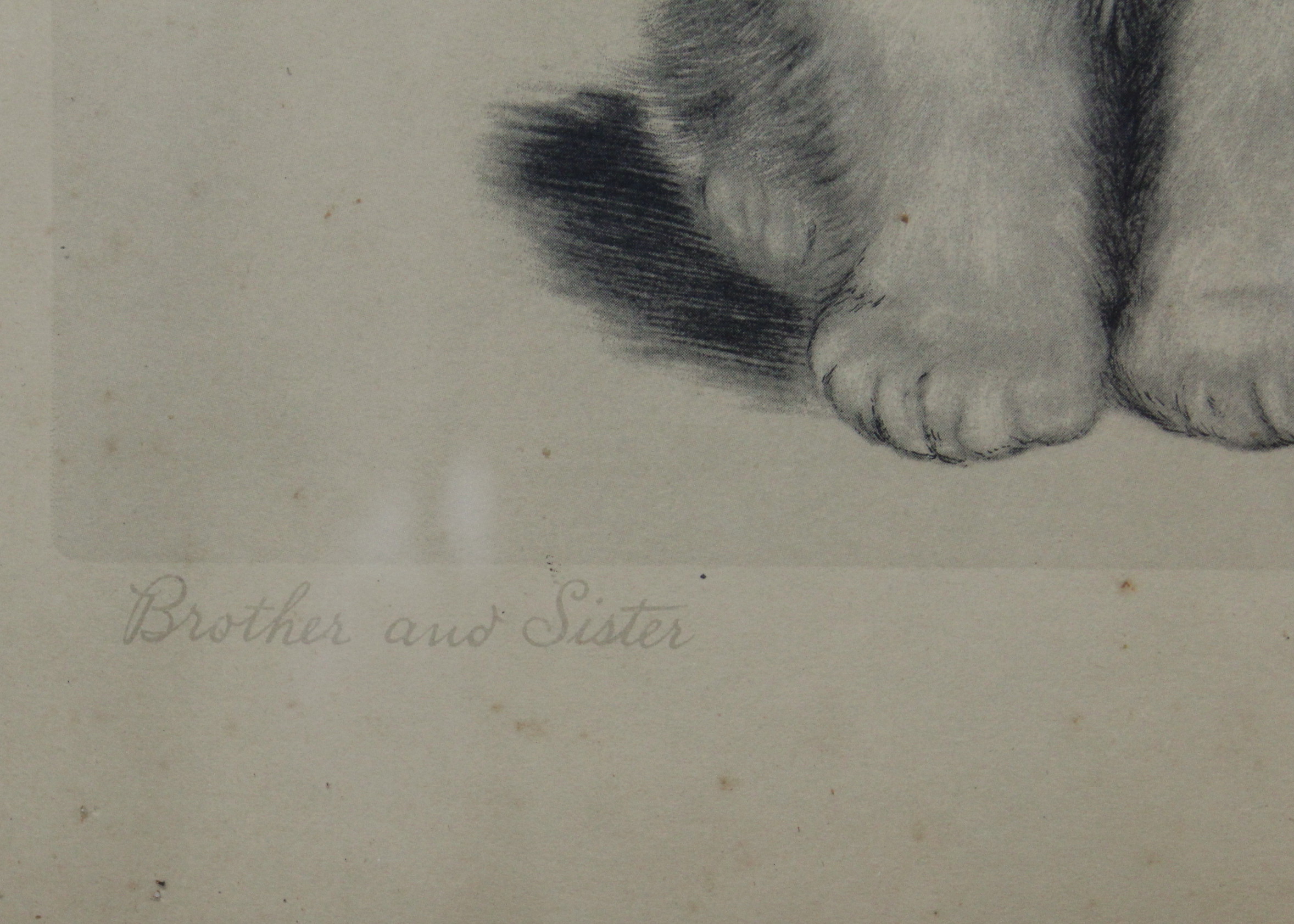 Vintage Etching of Kittens and Two Ceramic Cat Figurines