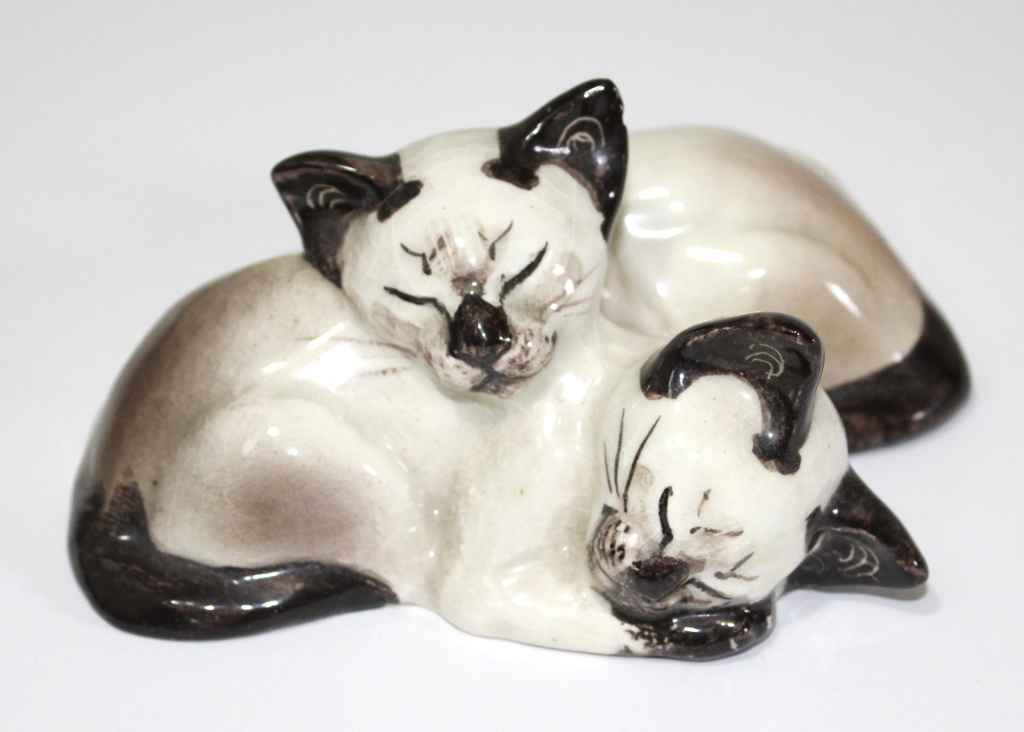 Vintage Etching of Kittens and Two Ceramic Cat Figurines
