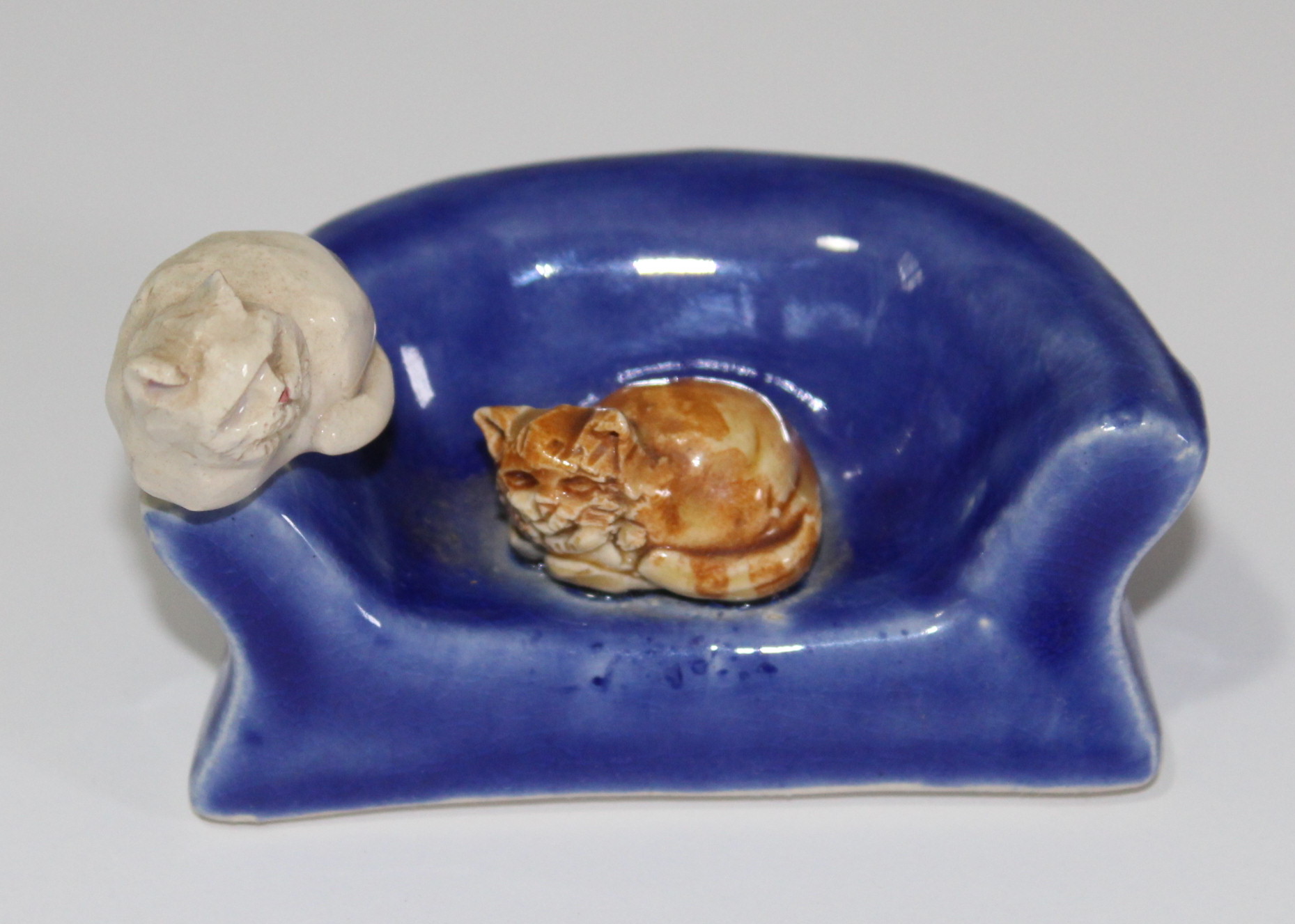 Vintage Etching of Kittens and Two Ceramic Cat Figurines