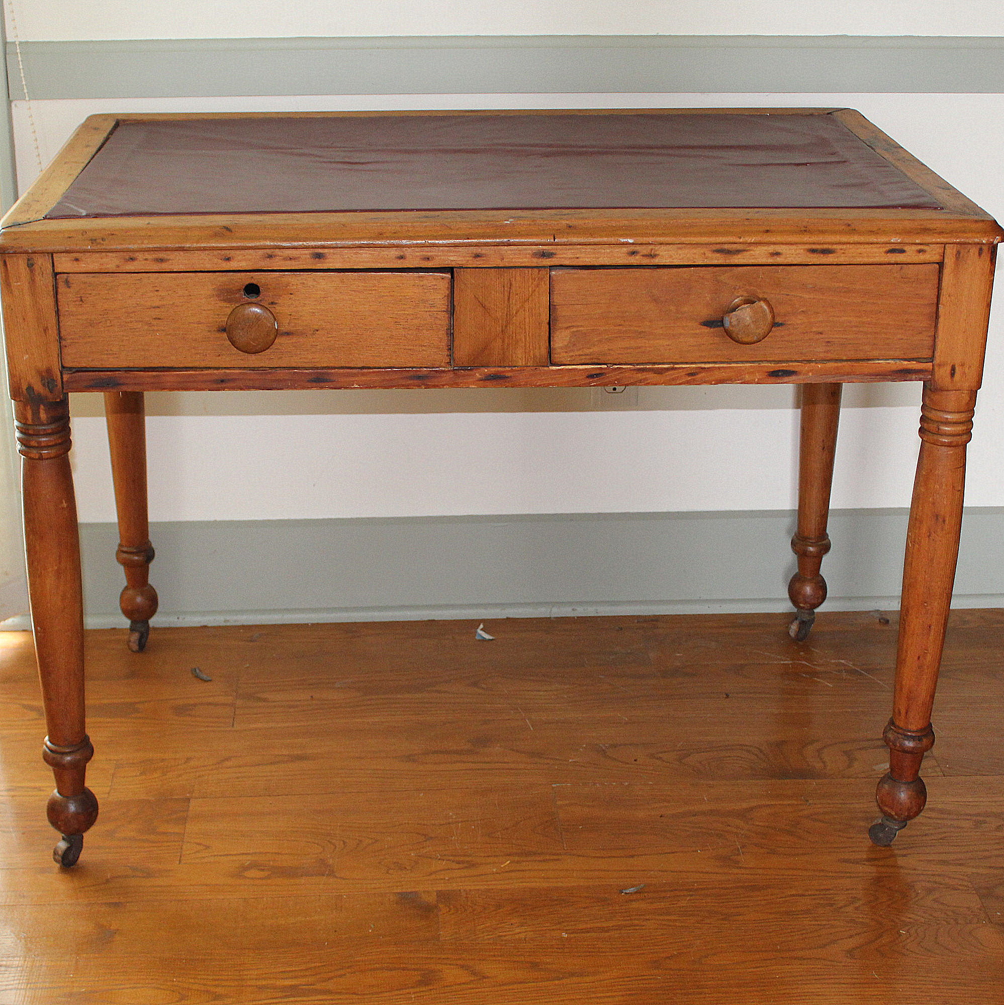 Antique Pine Table With Leather Inlaid Top