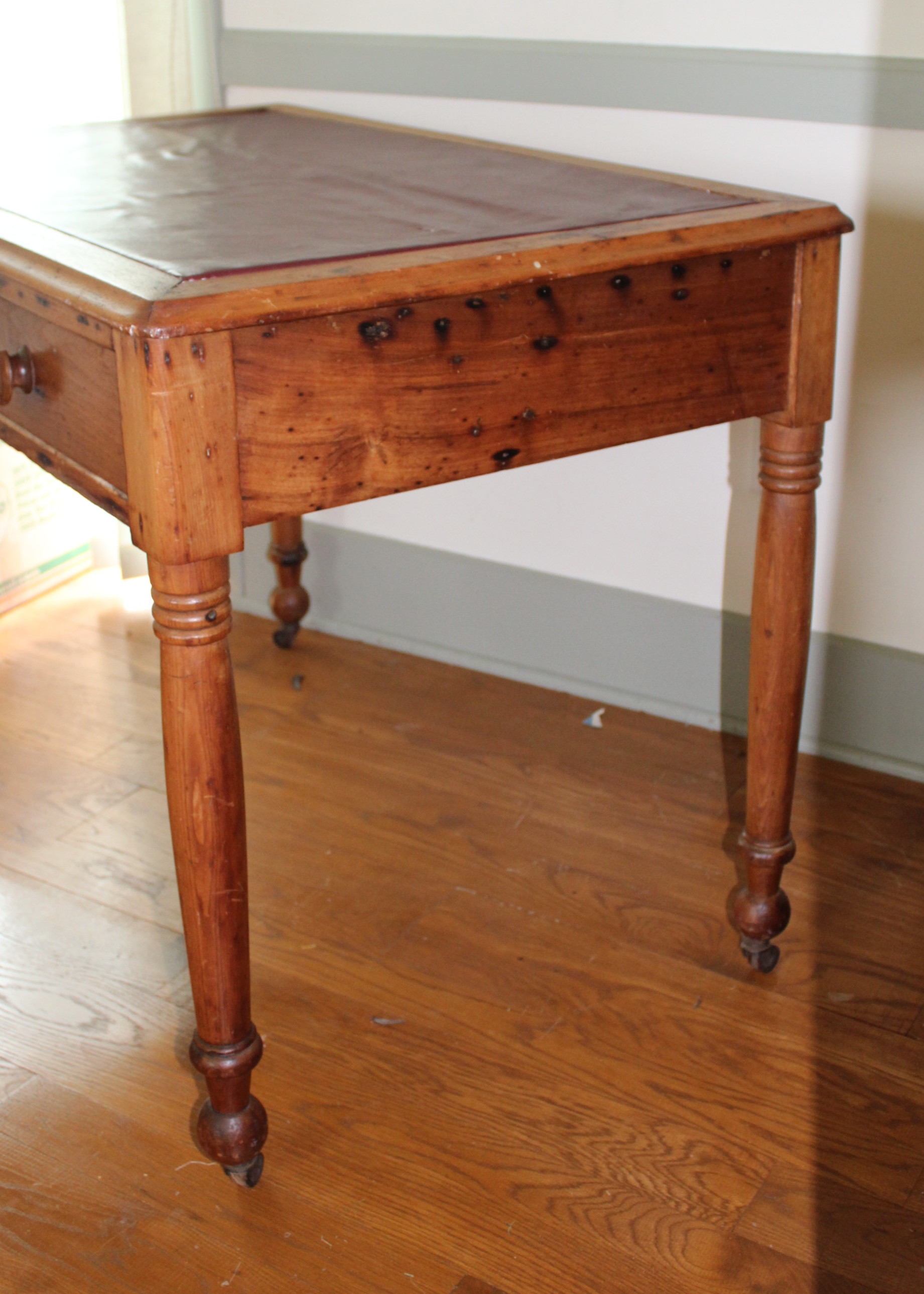 Antique Pine Table With Leather Inlaid Top