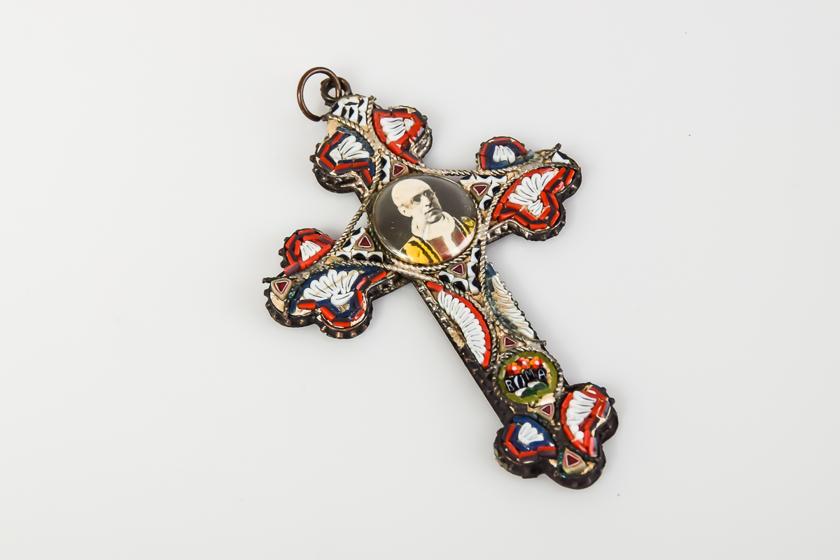 1900s Italian Roma Papal Micro-Mosaic Cross Pendant