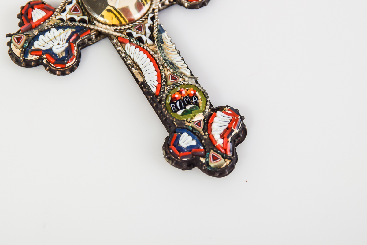 1900s Italian Roma Papal Micro-Mosaic Cross Pendant