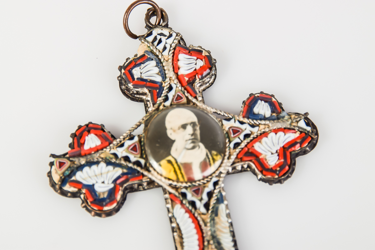 1900s Italian Roma Papal Micro-Mosaic Cross Pendant