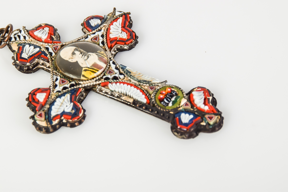 1900s Italian Roma Papal Micro-Mosaic Cross Pendant