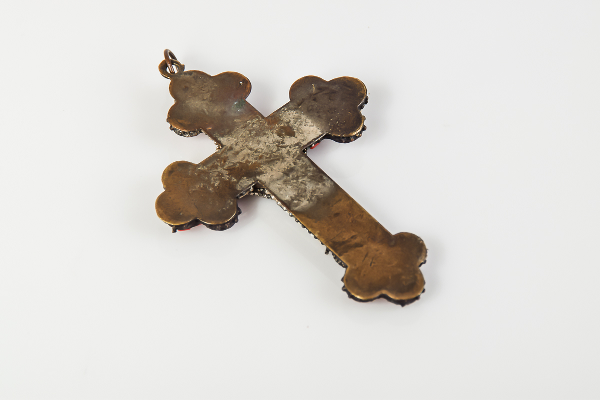 1900s Italian Roma Papal Micro-Mosaic Cross Pendant