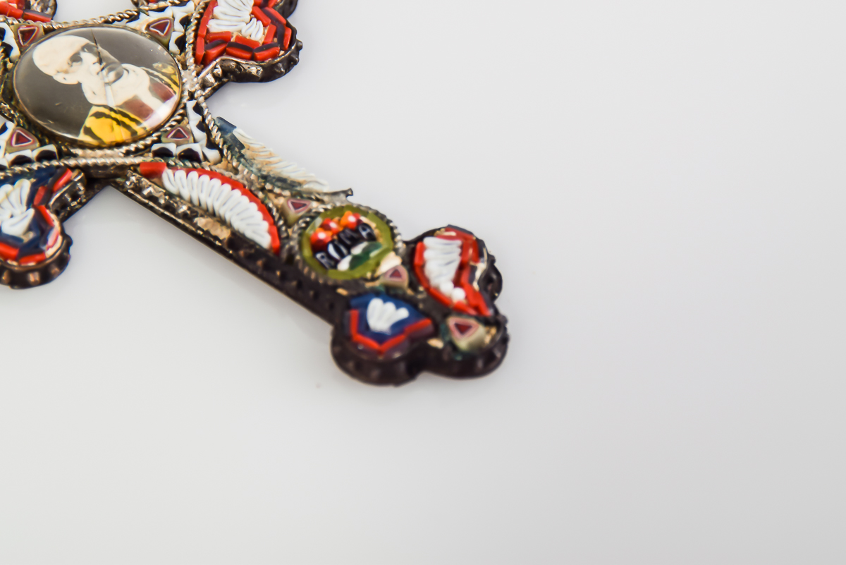 1900s Italian Roma Papal Micro-Mosaic Cross Pendant