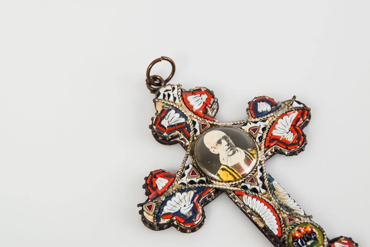 1900s Italian Roma Papal Micro-Mosaic Cross Pendant