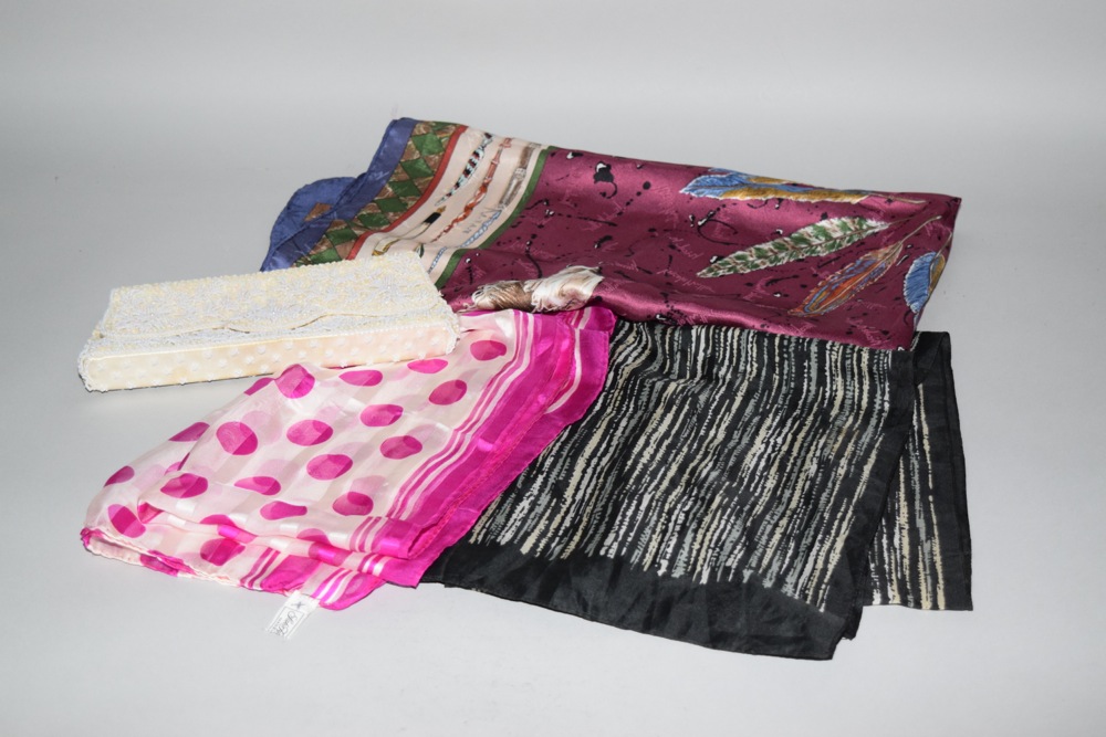 Vintage Scarves and Beaded Clutch, Including Signed Nicole Miller