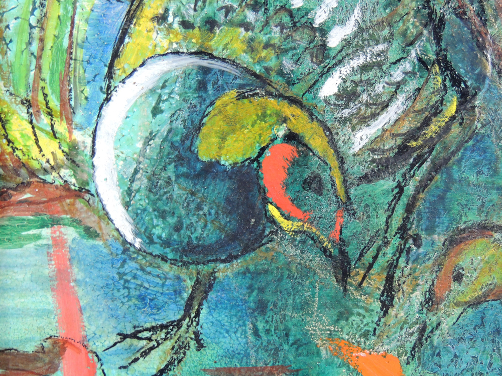 Signed June Bellamy Oil on Wood   Titled "Gli Uccelli"