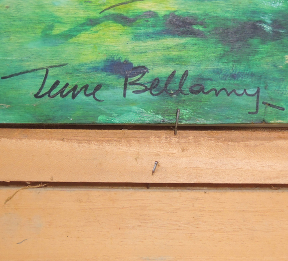 Signed June Bellamy Oil on Wood   Titled "Gli Uccelli"