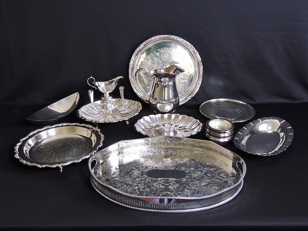 Assortment of Silver Plate Trays with Water Pitcher