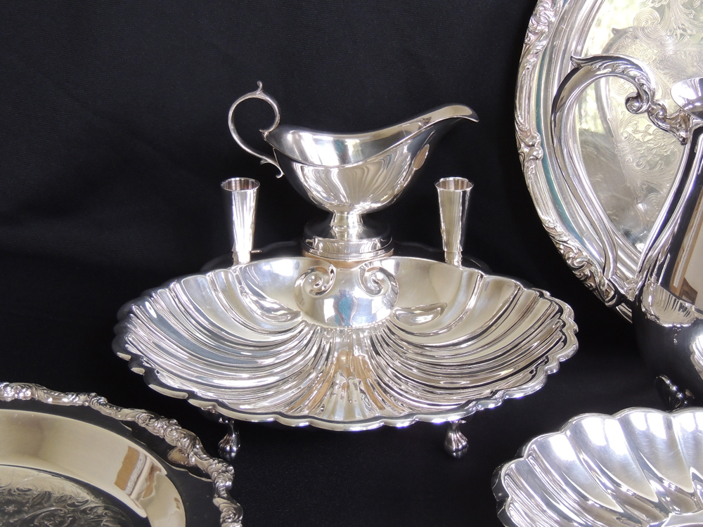 Assortment of Silver Plate Trays with Water Pitcher