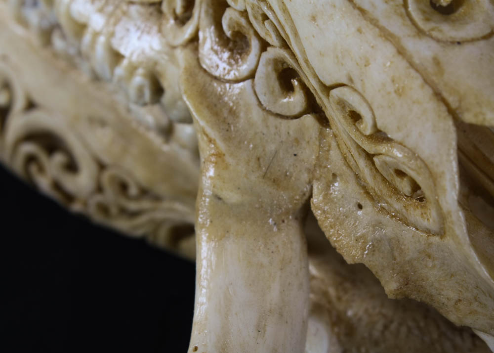 Hand Carved Scroll Work Boar Skull with Tusks