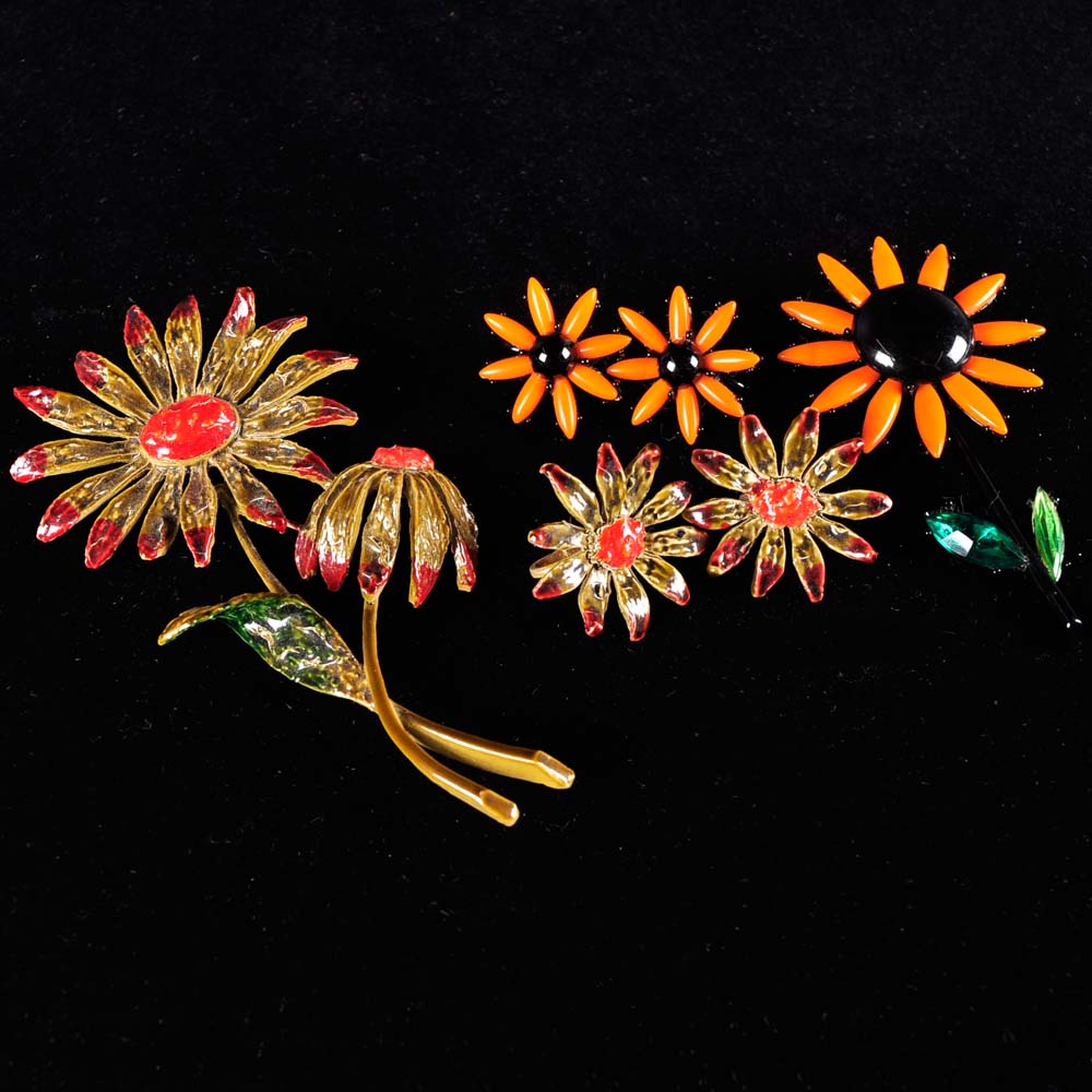 Floral Bakelite and Enamel Brooch and Clip Earrings Sets