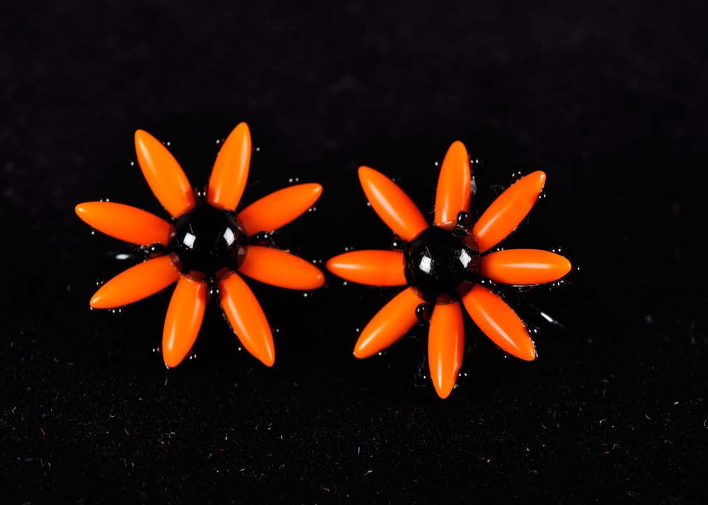 Floral Bakelite and Enamel Brooch and Clip Earrings Sets