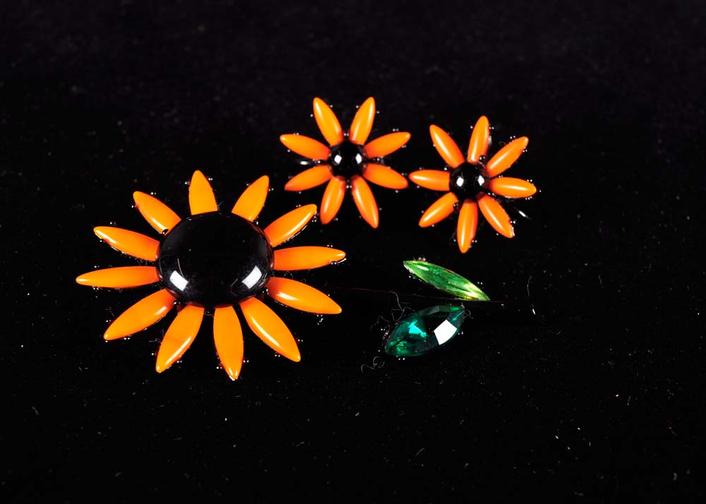 Floral Bakelite and Enamel Brooch and Clip Earrings Sets