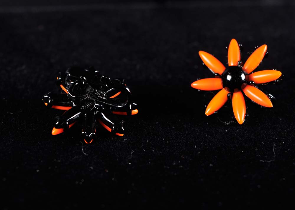 Floral Bakelite and Enamel Brooch and Clip Earrings Sets