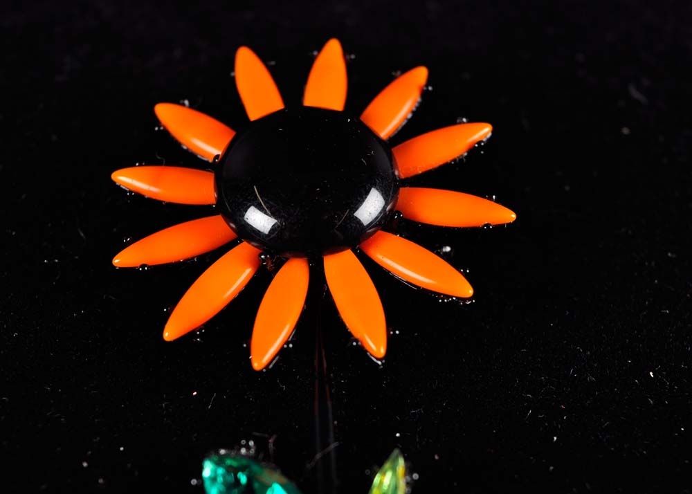 Floral Bakelite and Enamel Brooch and Clip Earrings Sets