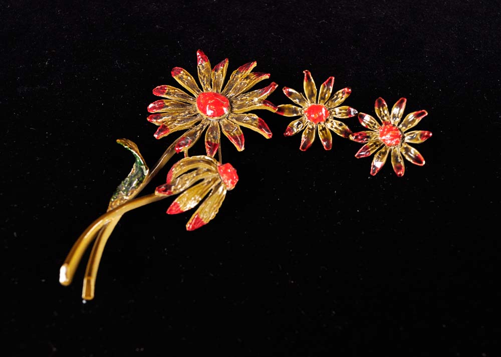 Floral Bakelite and Enamel Brooch and Clip Earrings Sets