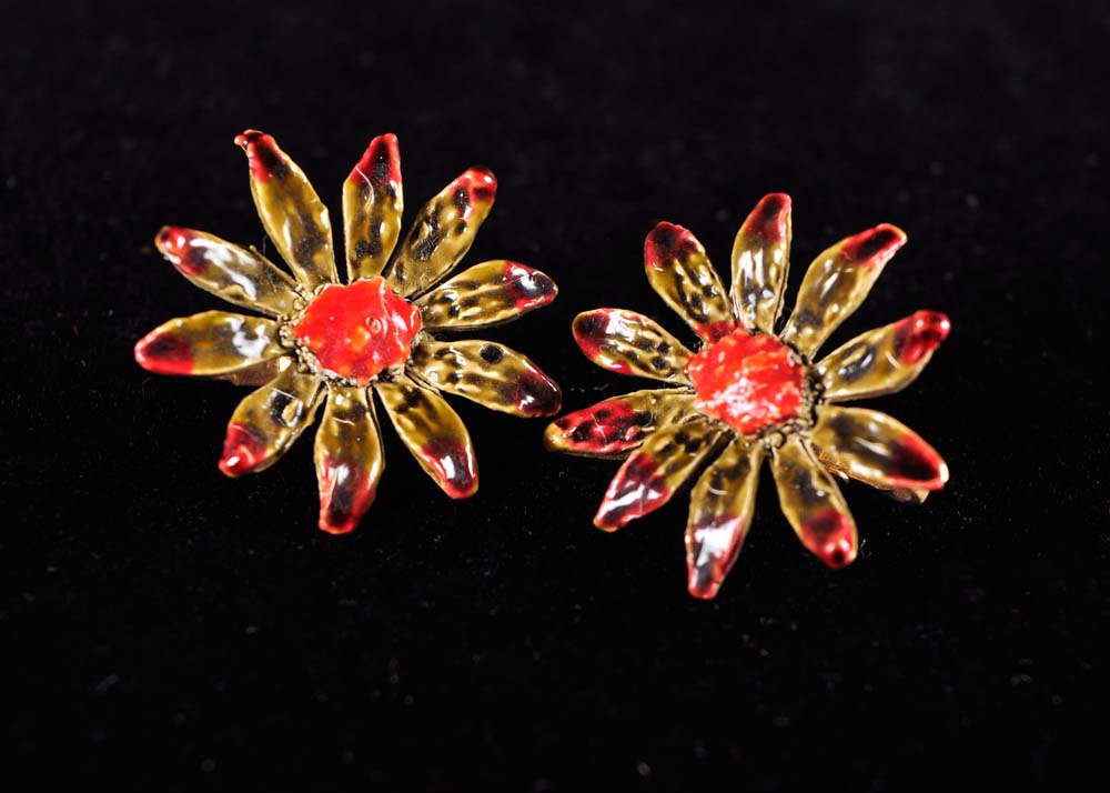 Floral Bakelite and Enamel Brooch and Clip Earrings Sets