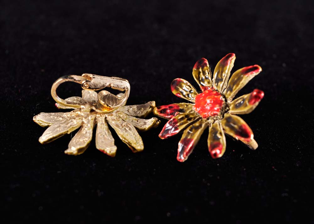 Floral Bakelite and Enamel Brooch and Clip Earrings Sets