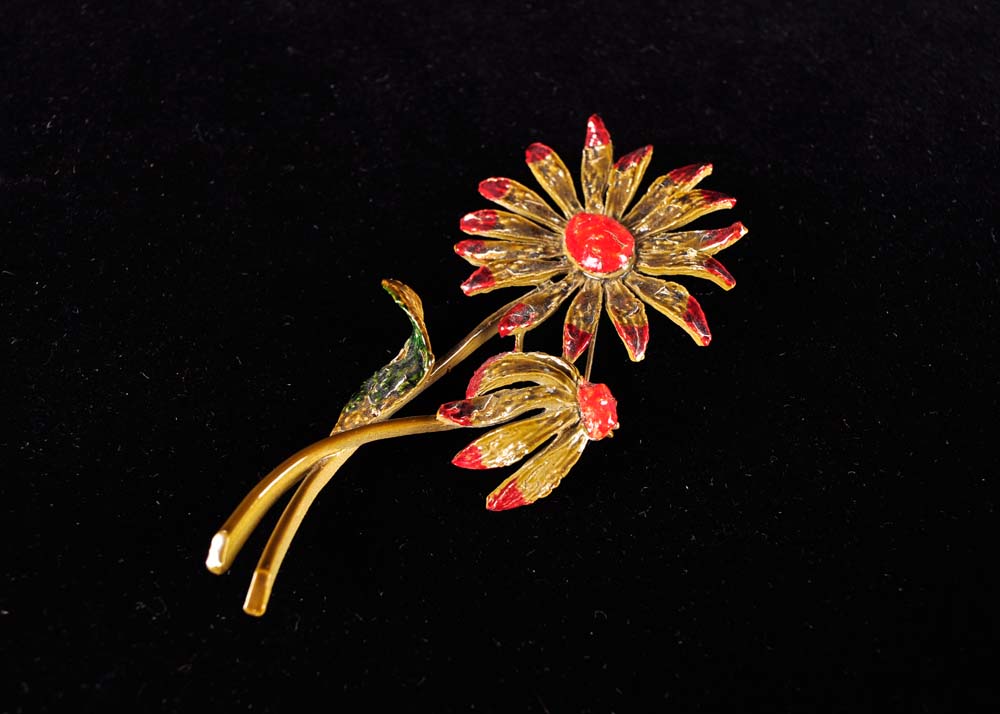 Floral Bakelite and Enamel Brooch and Clip Earrings Sets