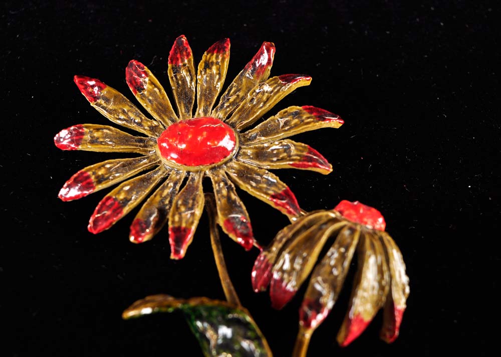 Floral Bakelite and Enamel Brooch and Clip Earrings Sets