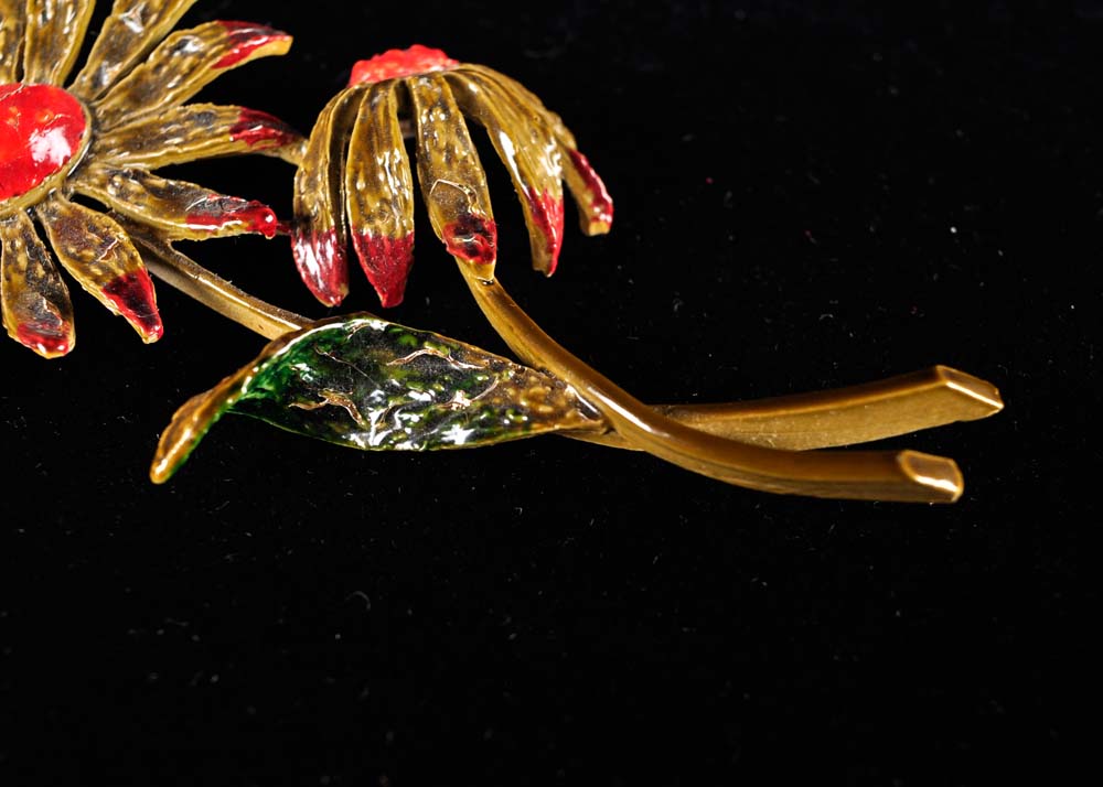 Floral Bakelite and Enamel Brooch and Clip Earrings Sets