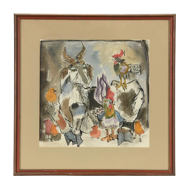H. Bailey Signed Watercolor of Goat and Roosters