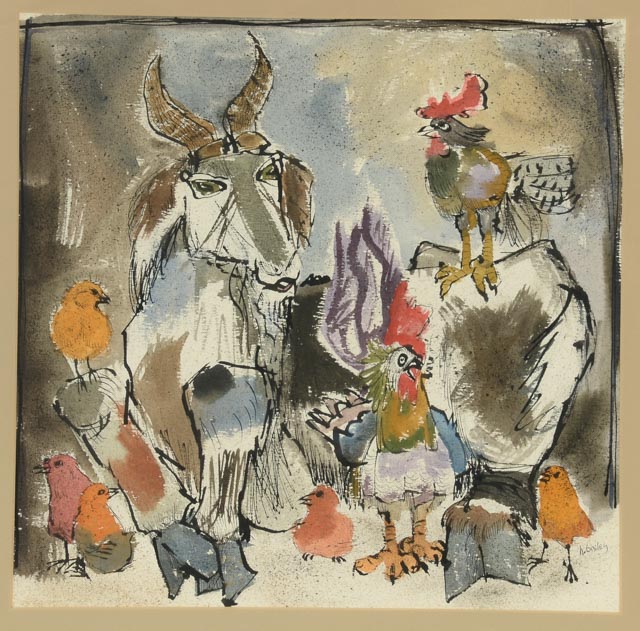 H. Bailey Signed Watercolor of Goat and Roosters