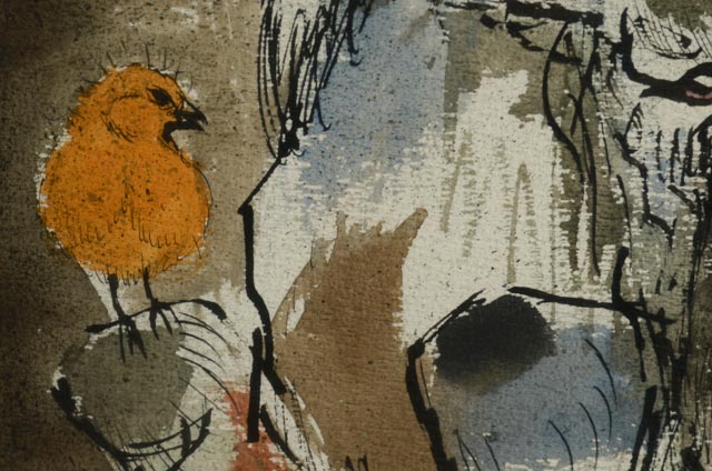 H. Bailey Signed Watercolor of Goat and Roosters