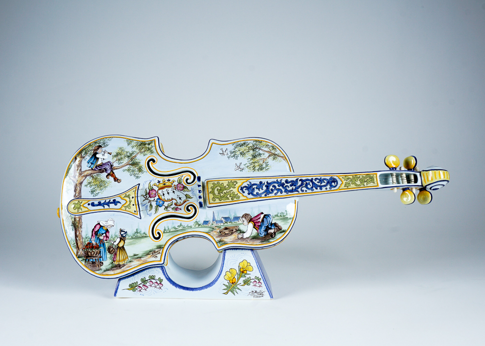 Exquisite Henriot Quimper Hand-Made Ceramic Violin with Stand