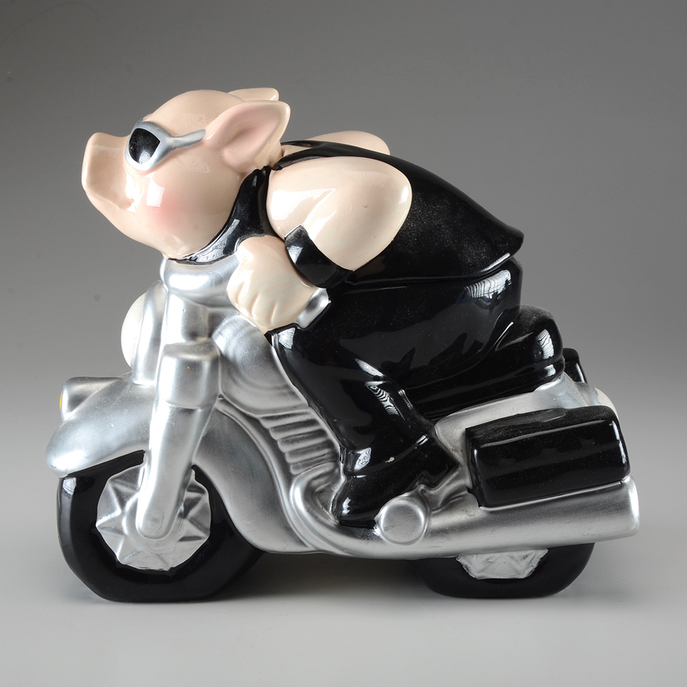Ceramic Hog on a Motorcycle Shaped Cookie Jar
