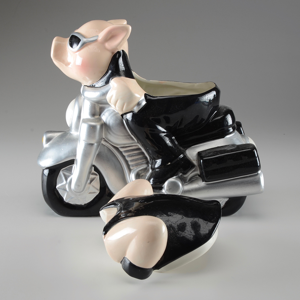 Ceramic Hog on a Motorcycle Shaped Cookie Jar
