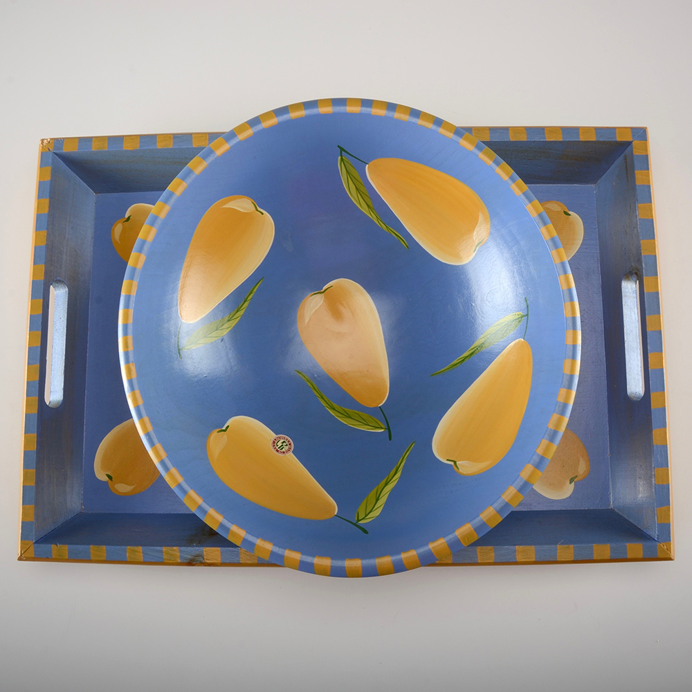 Pair of Wood Hand Painted Pear Bowl and Tray