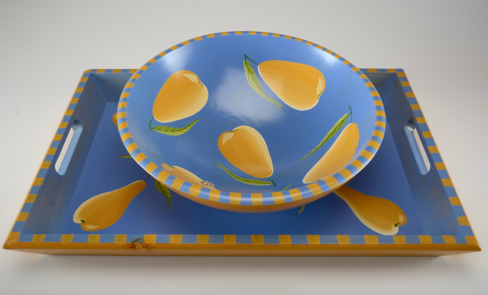 Pair of Wood Hand Painted Pear Bowl and Tray