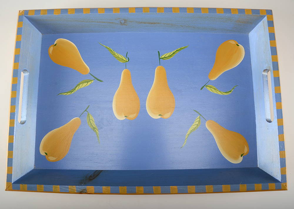 Pair of Wood Hand Painted Pear Bowl and Tray