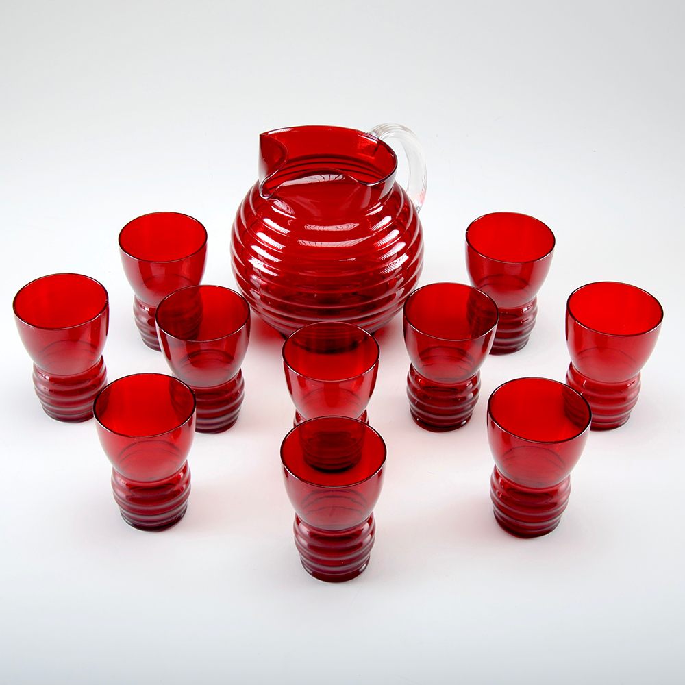 Ruby Red Ribbed Pitcher with 10 Matching Glasses