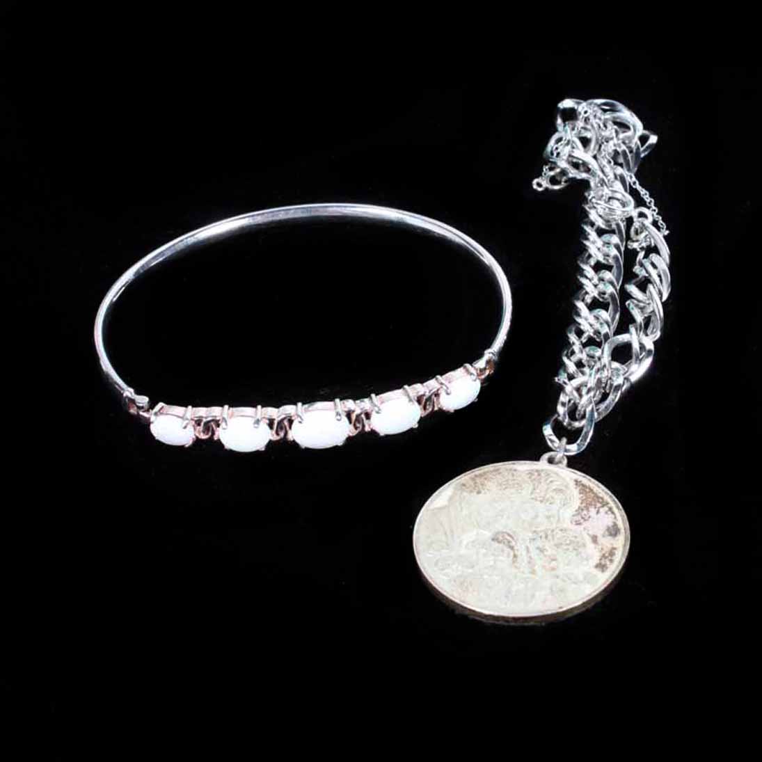 Sterling Silver Opal Bangle and Charm Chain Bracelet Pair