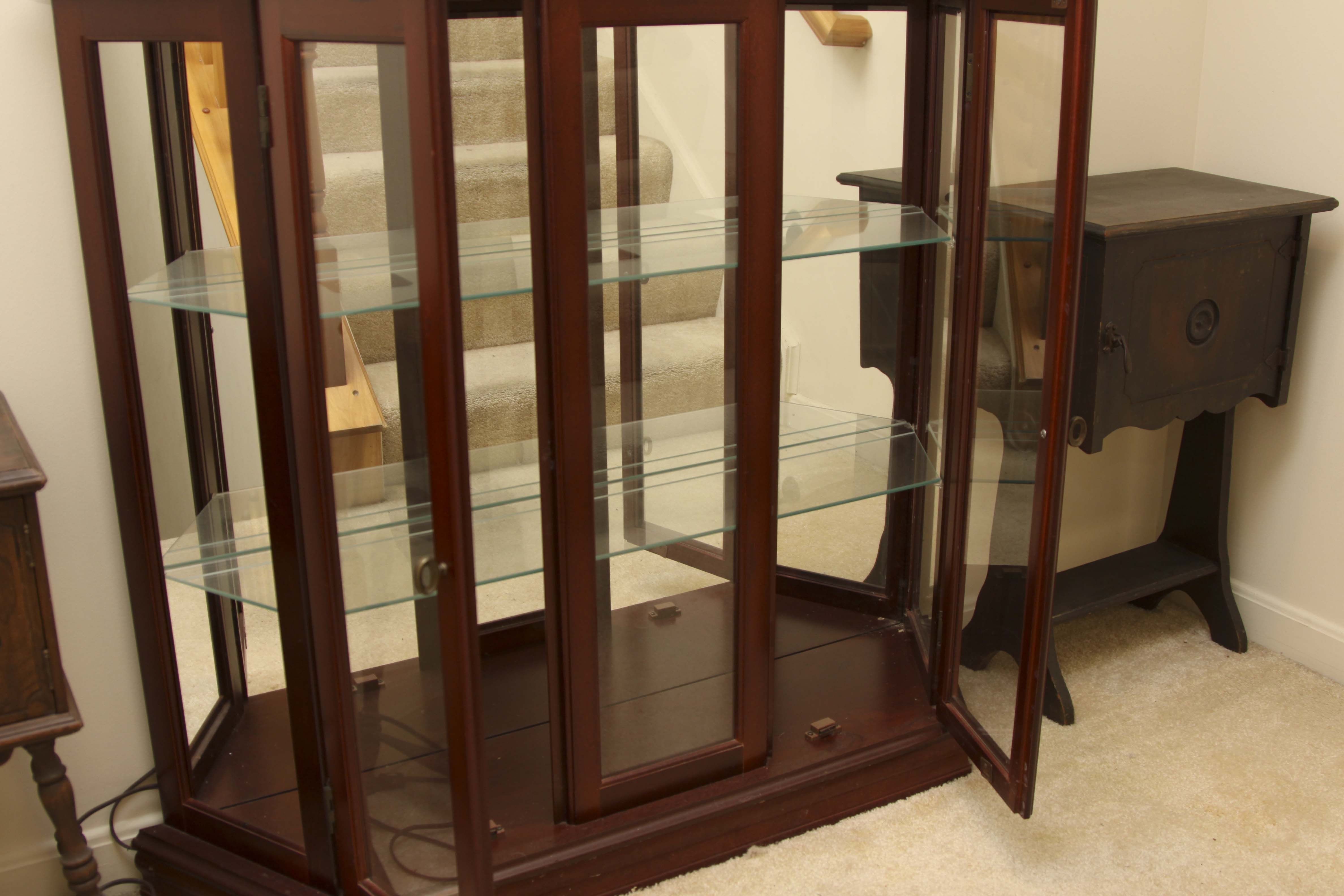 Three-Sided Lighted Cherry Veneer Curio Cabinet