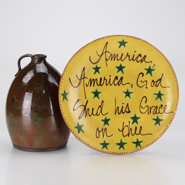 Signed Pottery Platter and Jug