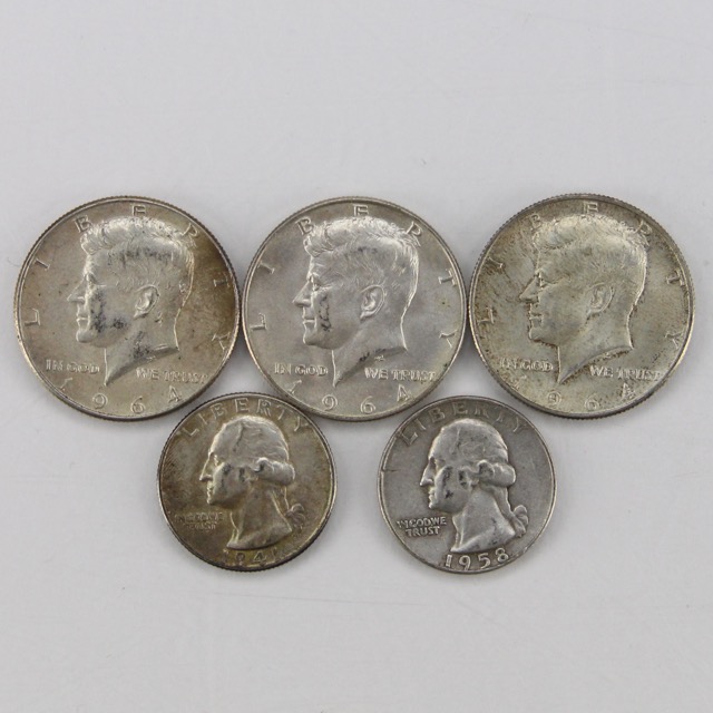 Circulated 1960s Era Kennedy Half Dollars with 1958 and 1941 Washington Quarters